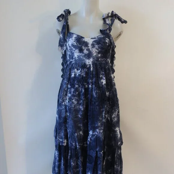 Womens LoveShackFancy Navy Blue White Tie Dye Eyelet Shoulder Ties Midi Dress 0 - Picture 2 of 15